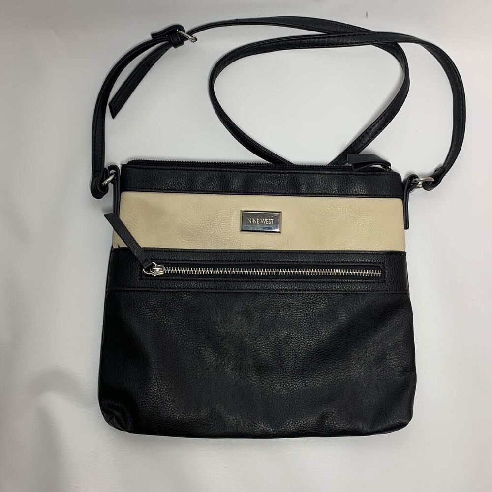 Nine West Black Cream Crossbody Bag Purse Zip Pocket Preowned